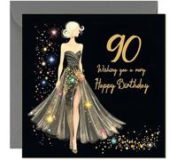 Beautiful 90th Birthday Card for Women Glitter Sparkle Dress Design Black & Gold - Pretty Birthday Card for 90 Year old Ninety Ninetieth