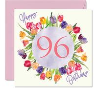 Beautiful 96th Birthday Cards for Women - Watercolour Tulips Flowers Bouquet - Happy Birthday Card for Her Great Grandma Nanny Gran Gifts, 145mm Lovely Floral Greeting Cards Gift