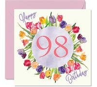 Beautiful 98th Birthday Cards for Women - Watercolour Tulips Flowers Bouquet - Happy Birthday Card for Her Great Grandma Nanny Gran Gifts, 145mm Lovely Floral Greeting Cards Gift