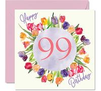 Beautiful 99th Birthday Cards for Women - Watercolour Tulips Flowers Bouquet - Happy Birthday Card for Her Great Grandma Nanny Gran Gifts, 145mm Lovely Floral Greeting Cards Gift
