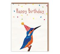Beautiful Animal Birthday Card - Watercolour of a Kingfisher Bird Wearing a Party Hat - Cute Animal Birthday Card For Her For Him - For Adults For Children