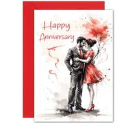 Beautiful Anniversary Card - Red Black Ink Style - Elegant Pretty Wedding Anniversary Card for Husband Wife Boyfriend Girlfriend - Large A5 Size - Gorgeous Valentines Greeting Cards Gift