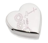 Beautiful April Birthday Flower Daisy Engraved Design Heart Trinket Box, Personalised Name