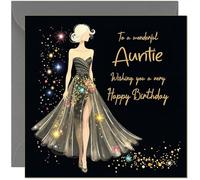 Beautiful Auntie Birthday Card Glitter Sparkle Dress Design Black & Gold - Pretty Birthday Cards for Aunt
