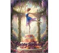 BEAUTIFUL BALLERINA FAIRY BIRTHDAY CARD WITH A BALLET FAIRY ON A HUGE DECORATED BIRTDHAY CAKE AND A STUNNING FLORAL BACKGROUND - LARGE A5 GREETINGS CARD WITH GOLD ENVELOPE, DIAMANTE AND INSERT