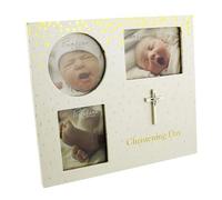 Beautiful Bambino Christening Day 3 aperture Photo Frame with cross - gold & silver decoration