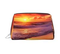 Beautiful Beach Sunset Makeup Bag for Women Cosmetic Bags Leather Travel Makeup Case Organizer Waterproof Make up Pouch Open Flat Toiletry Bag Portable Storage Pouch for Travelling, Silver, One Size