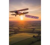 BEAUTIFUL BI PLANE BIRTHDAY CARD WITH A HAPPY BIRTHDAY BANNER AND A STUNNING SCENIC VIEW - LARGE A5 GREETINGS CARD WITH GOLD ENVELOPE, DIAMANTE AND INSERT