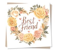 Beautiful Birthday Card For Best Friend - Heart, Heartfelt, Floral Wreath - Delicate and Joyful - For a Friend, Bestie, Loved One