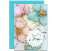 Beautiful Birthday Card - Large A5 Size - Pink & Turquoise Flowers Floral