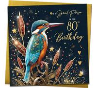 Beautiful Birthday Cards for 80th Birthday Elegant Gold Kingfisher Pretty Traditional Bday Card With Metallic Golden Envelope