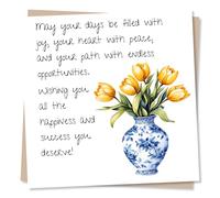 Beautiful Birthday or Note Card For Friend Or Loved One - Tulips, Yellow, Flowers, Nature, Vase - Verse - Filled With Joy, Peace, Happiness and Success - For Women, Woman, Men, Relative, Family