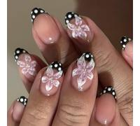 Beautiful Black 3D Floral Press Ons Set Comfortable Wear Short Over False Nails for Weddings and Gatherings French Tip Nails