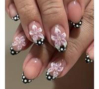 Beautiful Black 3D Floral Press Ons Set Comfortable Wear Short Over False Nails for Weddings and Gatherings French Tip Nails