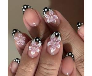 Beautiful Black 3D Floral Press Ons Set Comfortable Wear Short Over False Nails for Weddings and Gatherings French Tip Nails