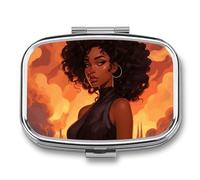 Beautiful Black Woman Pill Box 2 Compartment, Portable Pill Case with Mirror for Pocket Purse Travel, Mini Metal Medicine Organizer for Vitamins Fish Oil