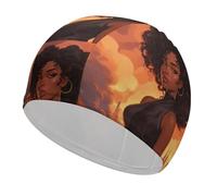 Beautiful Black Woman Swim Cap for Adult, Elastic Fabric Swimming Cap, Comfortable Bathing Cap for Long & Short Hair