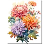 Beautiful Blossom Floral Paint by Number for Adult Beginner Pink Purple Orange Flowers Canvas Oil Painting Kit Digital Painting Vintage Watercolor Home Wall Decoration 16x20inch Without Frame