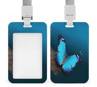 Beautiful Blue Butterfly ID Badge Holder Waterproof Card Protector Push-Pull Slot Work ID Card Holder with Lanyard Personalized Detachable Card Holders for Office Corporate Use