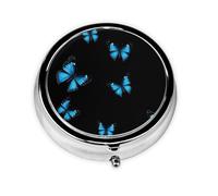 Beautiful Blue Butterfly Print Mini Metal Pill Box 2.0x2.0x0.7 in Round Travel Medicine Pill Organizer Box for Purse Pocket