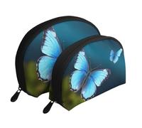 Beautiful Blue Butterfly Print Shell-Shaped 2-Piece Makeup Bag Set Travel Cosmetic Organiser Stylish Storage for Beauty & Gifts for Women Girls