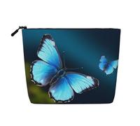 Beautiful Blue Butterfly Printed Make up Bag Linen Toiletry Bag Personalized Travel Makeup Cosmetic Bag for Women Mom