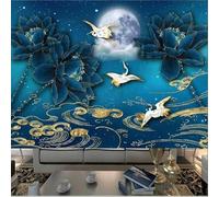Beautiful Blue Lotus Moon Flying Bird 3D Wallpaper Premium Textured Silk Study Dining Living Room Bedroom Sofa TV Wall Easy Install-400cm×280cm