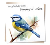 Beautiful Bluetit Bird Lover Birthday Card for Mum - Happy Birthday To My Wonderful Mum - Stunning Card for Mom, Mother From Son, Daughter - Made in UK