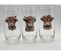 Beautiful Boho Highland Cow Glass Collection. Tumbler Drinking Glass Gift Set of 3