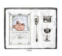Beautiful Boxed Silver Plated Christening Day Gift Set - 4-Piece, Includes Egg Cup, Spoon, Baby Photo frame, Napkin Ring in Presentation Gift Box.