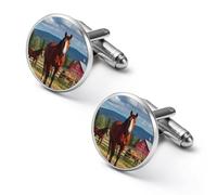 Beautiful Brown Horse in Farm Mens Classic Cufflinks Custom Shirt Cuff Links Jewelry Accessories for Business Wedding 0.7" 0.8"