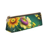 Beautiful Butterflies and Flowers Leather Pencil Case,Small and Convenient to Carry,Women's Fashionable Triangular Leather Pencil Case,Multifunctional Zippered Desk Storage Box Travel Makeup Bag