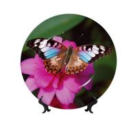 Beautiful Butterfly on Pink Flower Bone China Decorative Plate,7in Ceramic Decorative Plates with Display Stand,Ceramic Ornaments Art Porcelain Plate for Home Office Wall Decor Collections Plates