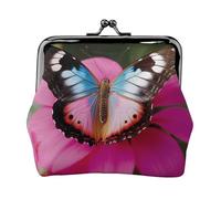 Beautiful Butterfly on Pink Flower Prints Coin Purse Kiss Lock Pu Leather Mini Pouch Wallet Change Bag for Women Girls Kids