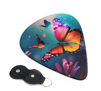 Beautiful butterfly Printed Guitar Picks, 6 Pack with Leather Keychain Pick Holder - 0.46mm, 0.71mm, 0.96mm Assorted Thickness for Acoustic Ukulele, Electric Guitar, Acoustic Guitar, Bass