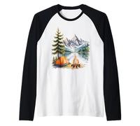 Beautiful Camping Scene with Mountains Forest Campfire Raglan Baseball Tee