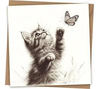 Beautiful Cat Butterfly Greeting Card & Brown Kraft Envelope - Hand Drawn Pencil Design Artist