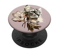 Beautiful Cat with Magnolias Flowers, Floral PopSockets Adhesive PopGrip