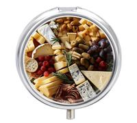Beautiful Cheese Board Round Pill Box 3 Compartment Medicine Pill Organizer with Mirror Travel Small Pill Case Cute Vitamin Organizer Portable Daily Pill Container for Pocket Purse