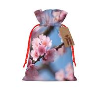 Beautiful Cherry Blossoms Print Christmas Drawstring Present Bag, Polyester Linen-Like Bag, Reusable Holiday Goodie Bag