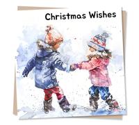 Beautiful Christmas Card - Children Playing In The Snow - Christmas Wishes - Adorable Christmas Card For Friend or Family