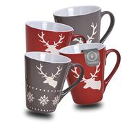Beautiful Christmas Mugs Set of 4 - 200 ml Coffee Cups with Skandi Elk Christmas Motifs in Red / Grey