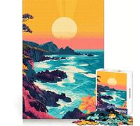 Beautiful Coastal Sunset Landscape Minimalist Art Illustration 1000 Pieces Puzzles for Adults Logic Practice Slow Leisure Clean Edges Meaningful Gift (38x26cm)