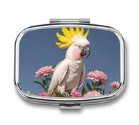 Beautiful Cockatoo Bird Flower Pill Box 2 Compartment - Small Metal Medicine Organizer Portable Pill Case for Purse Pocket Travel Vitamin Organizer for Men Women, BPA-Free