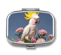 Beautiful Cockatoo Bird Flower Pill Box with 2 Compartments Portable Metal Medicine Organizer for Pocket Purse and Travel Compact Pill Case and Fish Oil Vitamins Supplements