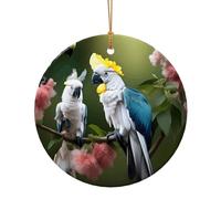 Beautiful Cockatoo Bird Flower Print Ceramic Round Pendant - Double-Sided Print Festive Decor for Home/Mall,Holiday Keepsake