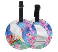 Beautiful Cockatoo Bird Flower Print Luggage Tag Round Leather Luggage Tag Easy Identification & Privacy Protection for Suitcases Easy to Identify Privacy Cover Id Label