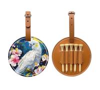 Beautiful Cockatoo Bird Flower Printed Golf Tees Organizer Bag, PU Leather Golf Tee Pouch, Portable Tee Holder with Belt Clip, 5 Tee Slots, Golf Bag Accessory and Golf Gift Brown