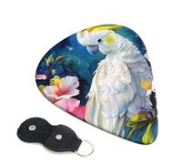 Beautiful Cockatoo Bird Flower Printed Guitar Picks, 6 Pack with Leather Keychain Pick Holder - 0.46mm, 0.71mm, 0.96mm Assorted Thickness for Acoustic Ukulele, Electric Guitar, Acoustic Guitar, Bass
