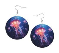 Beautiful Colorful Jellyfish Prints Leather Round Earrings Pendant Stylish And Light Lightweight Dangle For Women Girls, One Size, Leather, No Gemstone